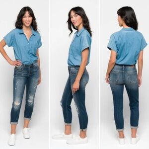 Judy Blue Adelene Mid Rise Girlfriend Distressed Jeans Size 5/27 JB8271DK